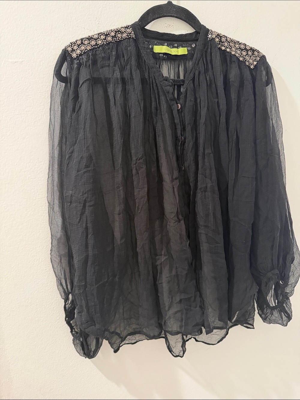 Raspodia Sheer Black Embellished Shoulder Women's Blouse